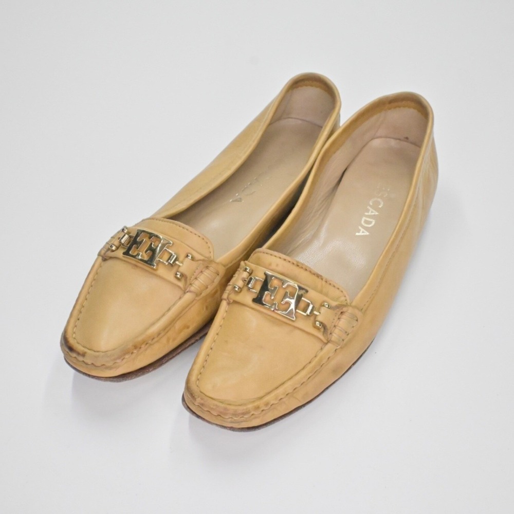 Escada Leather Loafers Womens Size 36 Slip On Tan Logo Buckle Square Toe Vtg 90s